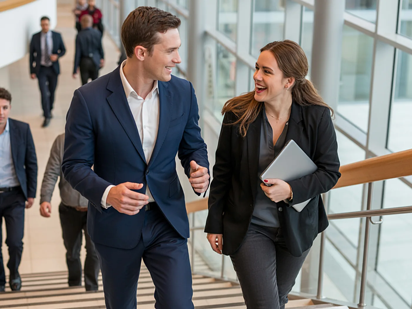 Business professionals walking and discussing growth strategy in a modern office